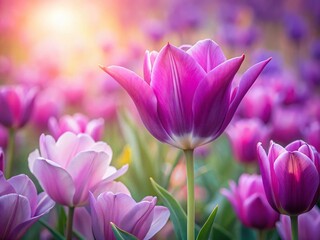 Fototapeta premium Soft Purple Tulips and Lily Blossoms on Bright Blurred Background - Spring Floral Photography