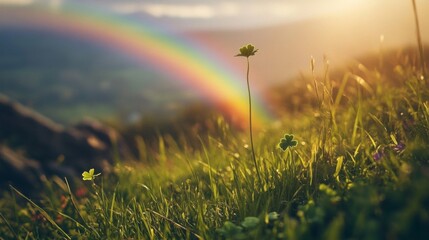 Vibrant Rainbow Arcing Over Lush Green Field at Sunset