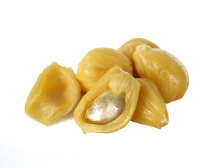 Close up of the inside of a fresh yellow jackfruit with a very sweet taste