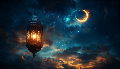 Obraz premium Ornamental beautiful Arabic lantern glowing at night.