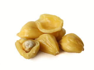 Close up of the inside of a fresh yellow jackfruit with a very sweet taste