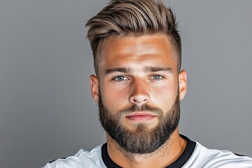 Obraz premium Portrait of a male athlete with stylish hair and beard posing confidently against a grey background