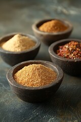 Discover a vibrant display of assorted spices and seasonings in rustic wooden bowls. Perfect for enhancing recipes and culinary creations with bold flavors.