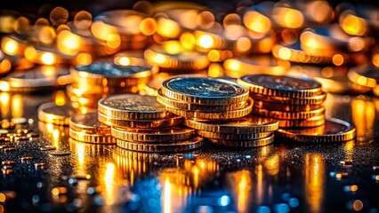 Obraz premium Sparkling Euro Coins: Night Photography of European Currency on Reflective Surface