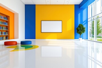 Contemporary Library Interior with Blank Billboard and Vibrant Bookshelves