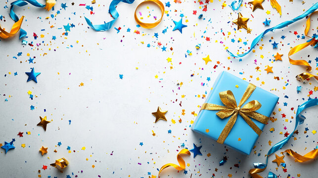 Colorful celebration decorations surrounding a wrapped gift on a table