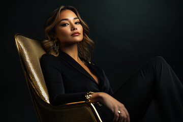 A Vision of Modern Grace in Black and Gold, Captured in a Dramatic Studio Atmosphere.