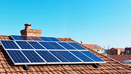 Solar panels on a rooftop against a clear blue sky