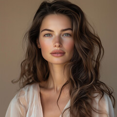 Naklejka premium A Warm and Inviting Portrait of a Woman with Voluminous Wavy Brunette Hair, Soft Makeup, and a Light Sand-Toned Blouse, Capturing the Beauty of Natural Elegance in a Soft, Minimalist Setting.