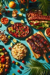 Naklejka premium A vibrant table spread featuring an array of grilled meats, colorful vegetables, fresh herbs, and delightful sides, perfect for a summer gathering or outdoor feast.