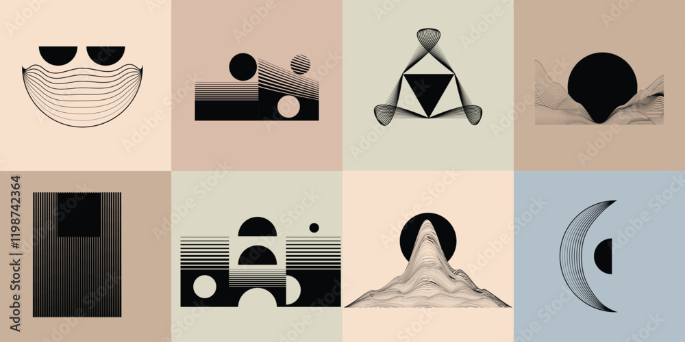 Wall mural art composition with lines in circle and semi circle shapes .modern art design .neutral color stripe