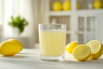 Refreshing lemonade sits in a glass on a white table with fresh lemons surrounding it, perfect for a hot summer day