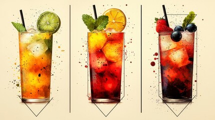 Three refreshing cocktails with ice, fruits, and mint in tall glasses.
