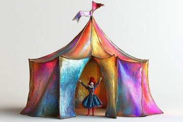 A colorful iridescent circus tent with a whimsical clown doll standing in the entrance. © imagepocket pro