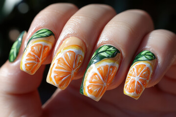 Citrus-inspired nail art with orange and leaf designs on fingernails