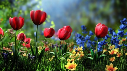 Vibrant Red and Blue Tulips in a Lush Spring Garden