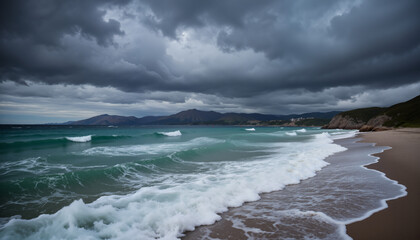 Fototapeta premium Stormy coastline with fierce waves crashing onto the shore under dark clouds