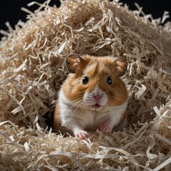 A hamster peeking out from a pile of shredded paper, looking mischievous.