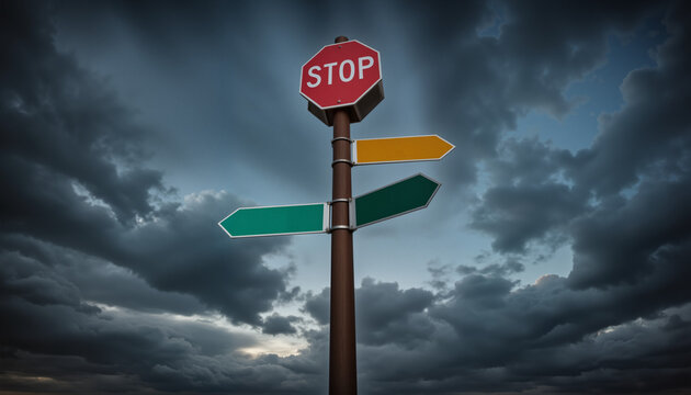 Tilted road signs against a dark, stormy sky with swirling clouds - Powered by Adobe