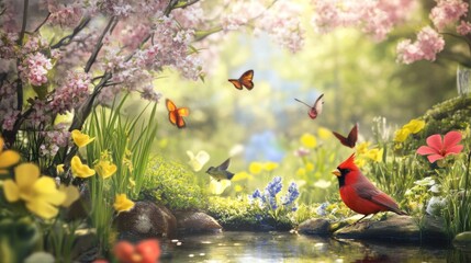 Vibrant Cardinal and Butterflies in a Spring Garden