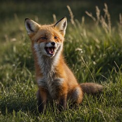 Naklejka premium A baby fox yawning adorably in the middle of a meadow.
