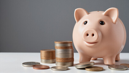 Close-up of a cheerful piggy bank beside a stack of shiny coins on a minimalist desk