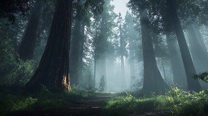 Misty redwood forest path, sunlight filtering through tall trees, lush green undergrowth.