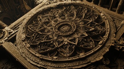 Fototapeta premium Intricate Stone Carving Architectural Detail Circular Rose Window Gothic Ornament Aged Texture 3D