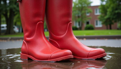 Close-up of vibrant red rain boots in a puddle with rippling water, reflecting a rainy park mood