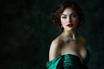 Naklejka premium A Woman in Emerald Green Satin Gown with Bold Red Lips Against a Dramatic Backdrop.