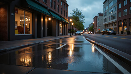 Naklejka premium Rainy urban street reflecting lights on wet pavement with cozy atmosphere at dusk