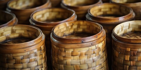 Traditional Handcrafted Bamboo Storage Containers on a Market Stall