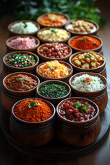 Colorful assortment of global spices and dried ingredients in wooden bowls