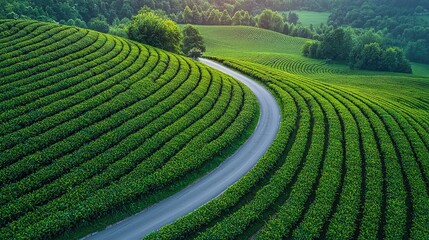 Winding Road Through Lush Green Tea Plantation Hills