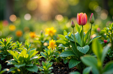 Spring tulips in the sunlight in the middle of the green grass.
