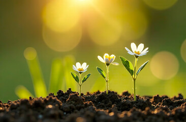 Small white flowers bloomed, spring shoots.