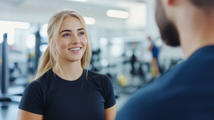 Fototapeta premium A young woman smiles while engaging in conversation at a gym.