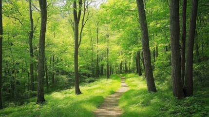 Fototapeta premium Sunlit Forest Path: A Tranquil Walk Through Lush Greenery