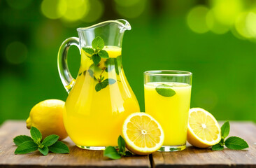A large pitcher of lemonade stands on a wooden table, with lemons and mint next to it.
