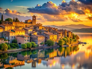 Obraz premium Stunning Lago di Bolsena: Italian Lake Landscape with Picturesque Village & Rolling Hills