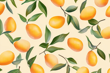 Seamless pattern with ripe marian plums and green leaves creates a fresh and vibrant design