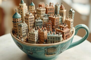 Miniature ceramic city nestled inside a teal cup, showcasing intricate detail and charming artistry.