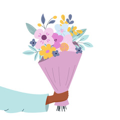 Cartoon hands hold flowers. Beautiful bouquets. Spring holiday botanical present. Floral compositions. Blooming romantic gifts. Blossoms bunch in arms. Natural plants
