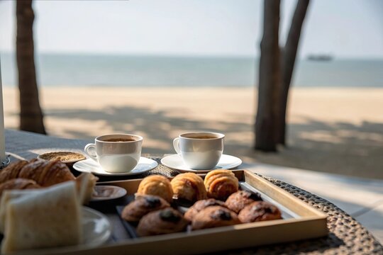 Fresh Bakery Goods with Coffee by the Beach, Sunset vibes enhance beach picnic concept.