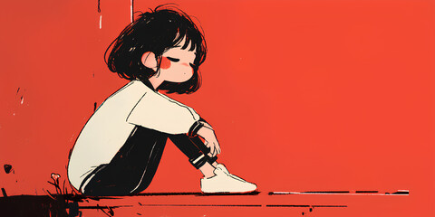 illustration of a girl sitting with reds simple background