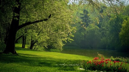 Fototapeta premium Peaceful Garden Landscape with Lush Greenery and Red Tulips near a Pond