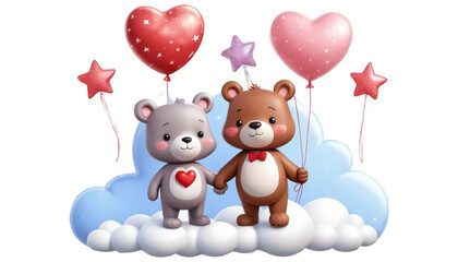 A cartoon bear and rabbit holding hands, with heart-shaped balloons tied to their wrists, standing on a cloud with stars twinkling around them, on a white transparent background PNG