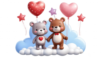 A cartoon bear and rabbit holding hands, with heart-shaped balloons tied to their wrists, standing on a cloud with stars twinkling around them, on a white transparent background PNG