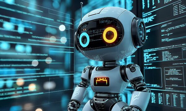 Cute robot in server room, digital background.  AI technology