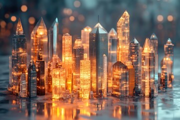 Fototapeta premium Illuminated glass cityscape model, reflecting futuristic urban design and architectural innovation.